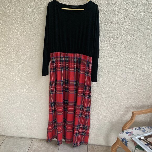 Holiday Hostess Dress Maxi 2X Red Plaid Black Bodice Long Sleeve Modest Merokeet - Picture 1 of 7